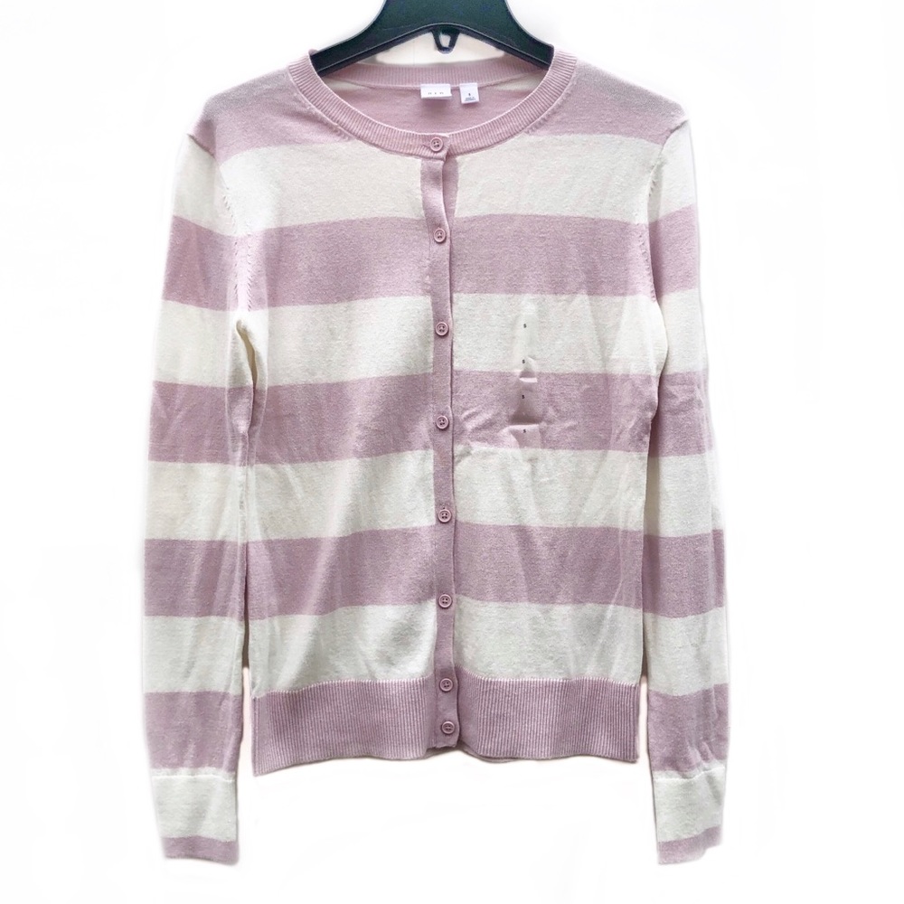GAP Cardigan Sweater Plum Pink Light Knit Long Sleeve Striped Casual Cozy NWOT S